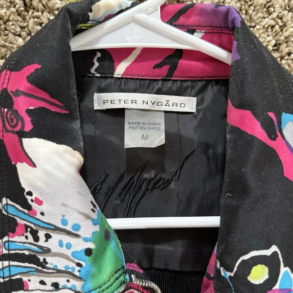 Peter Nygard Womens M Multicolor Abstract Zip Jacket Stretch Knit Sleeves Pocket